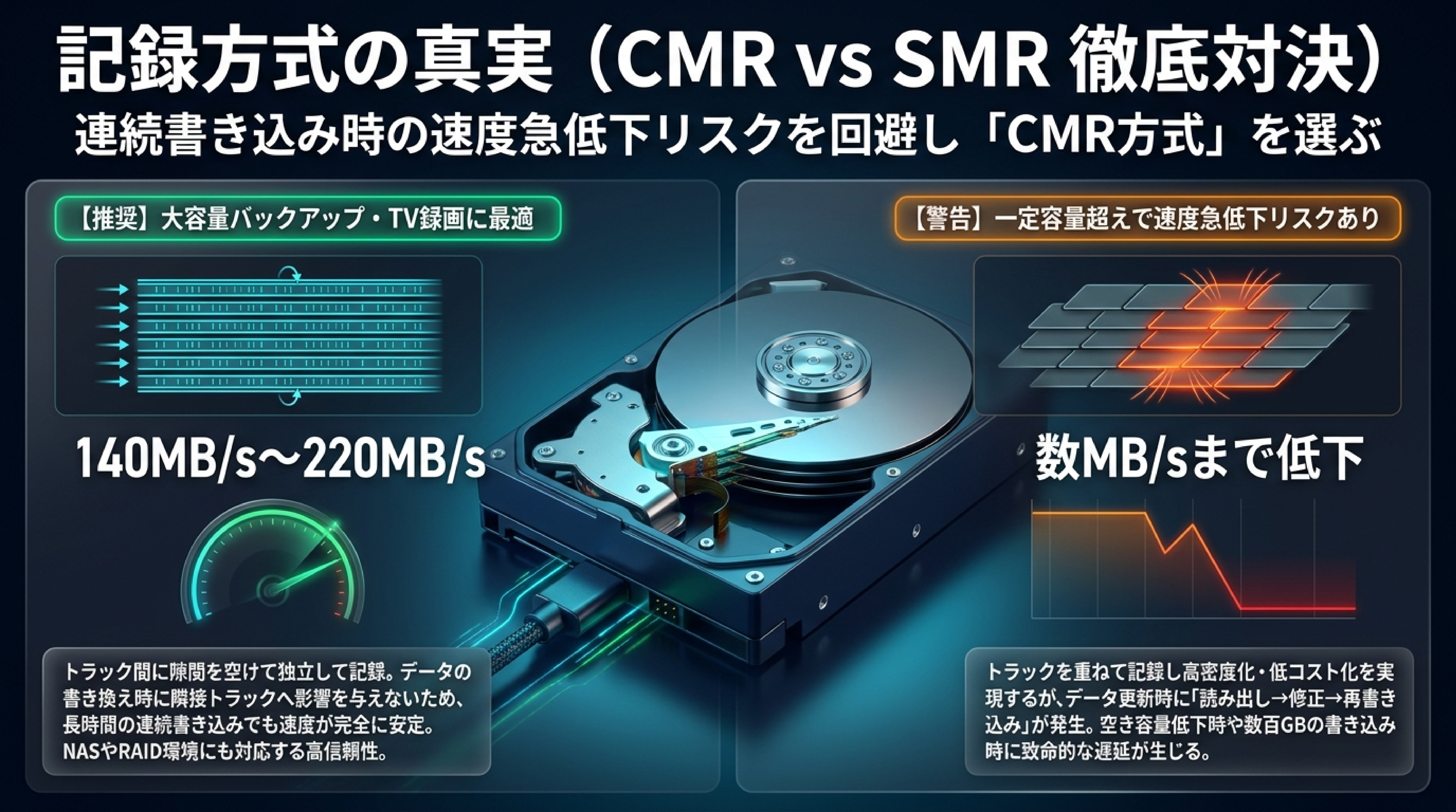 CMR従来記録方式とSMR瓦記録方式の内部トラック構造とランダムアクセス耐久性の比較スライド図解