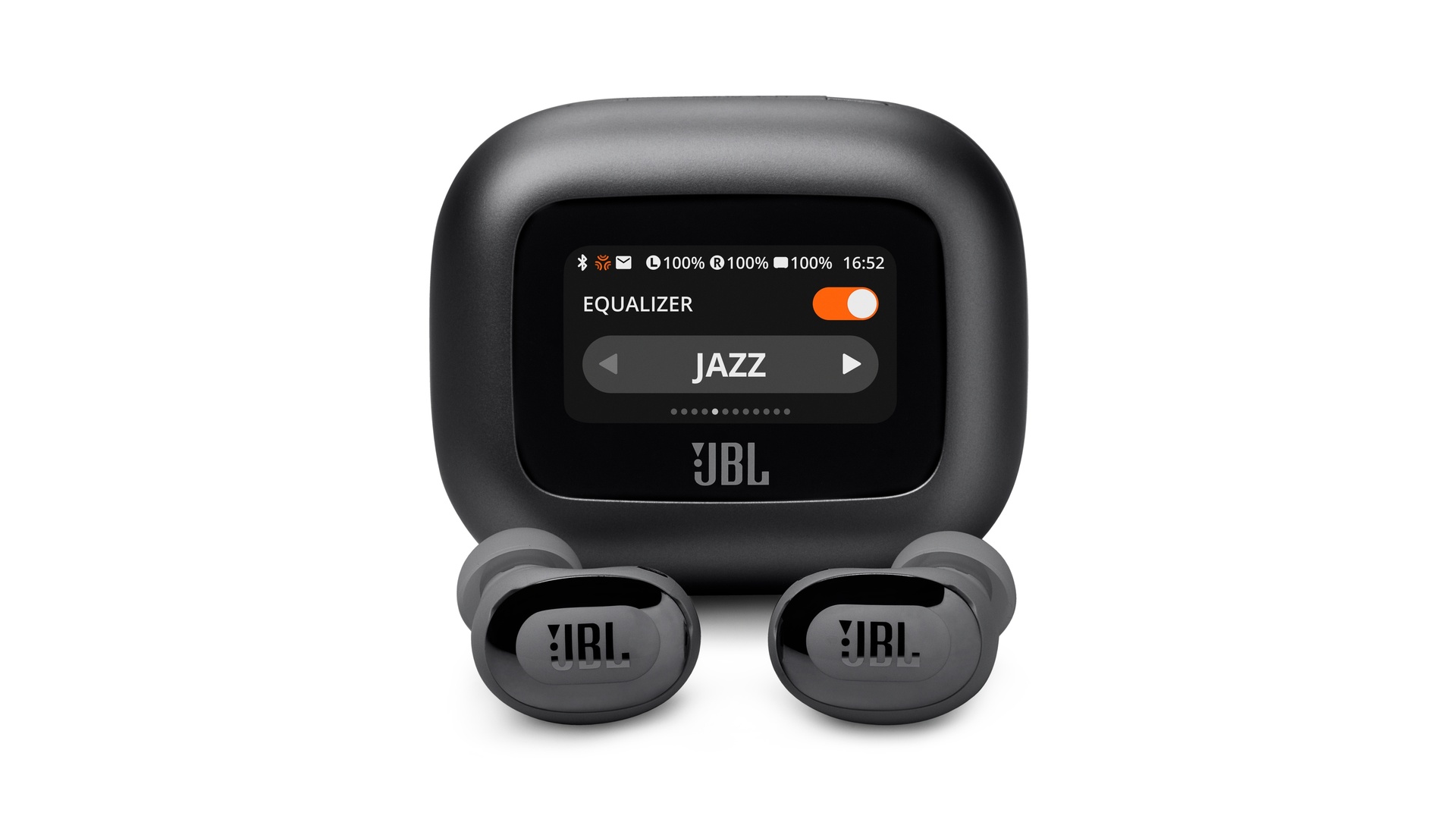 JBL Live Beam 3 ブラックのスマート充電ケースとイヤホン本体の公式外観写真