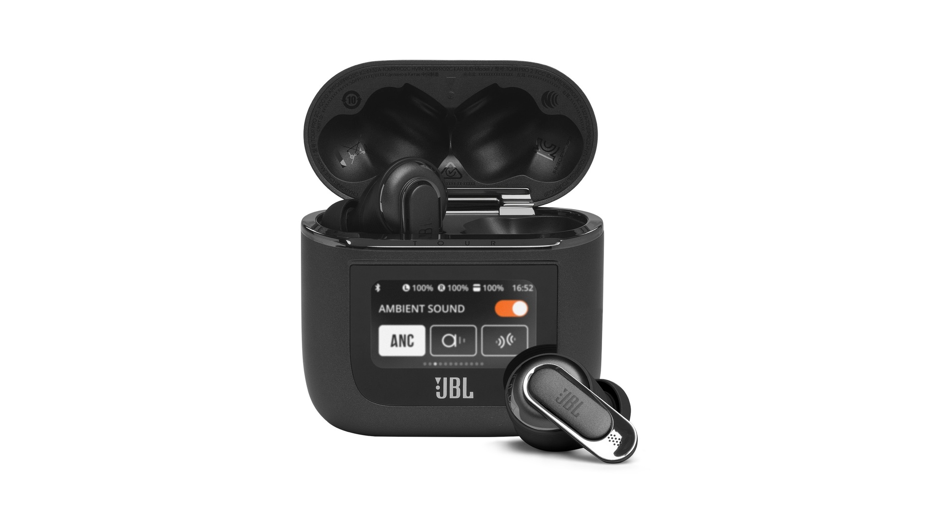 JBL Tour Pro 2 ブラックのスマート充電ケースとイヤホン本体の公式外観写真
