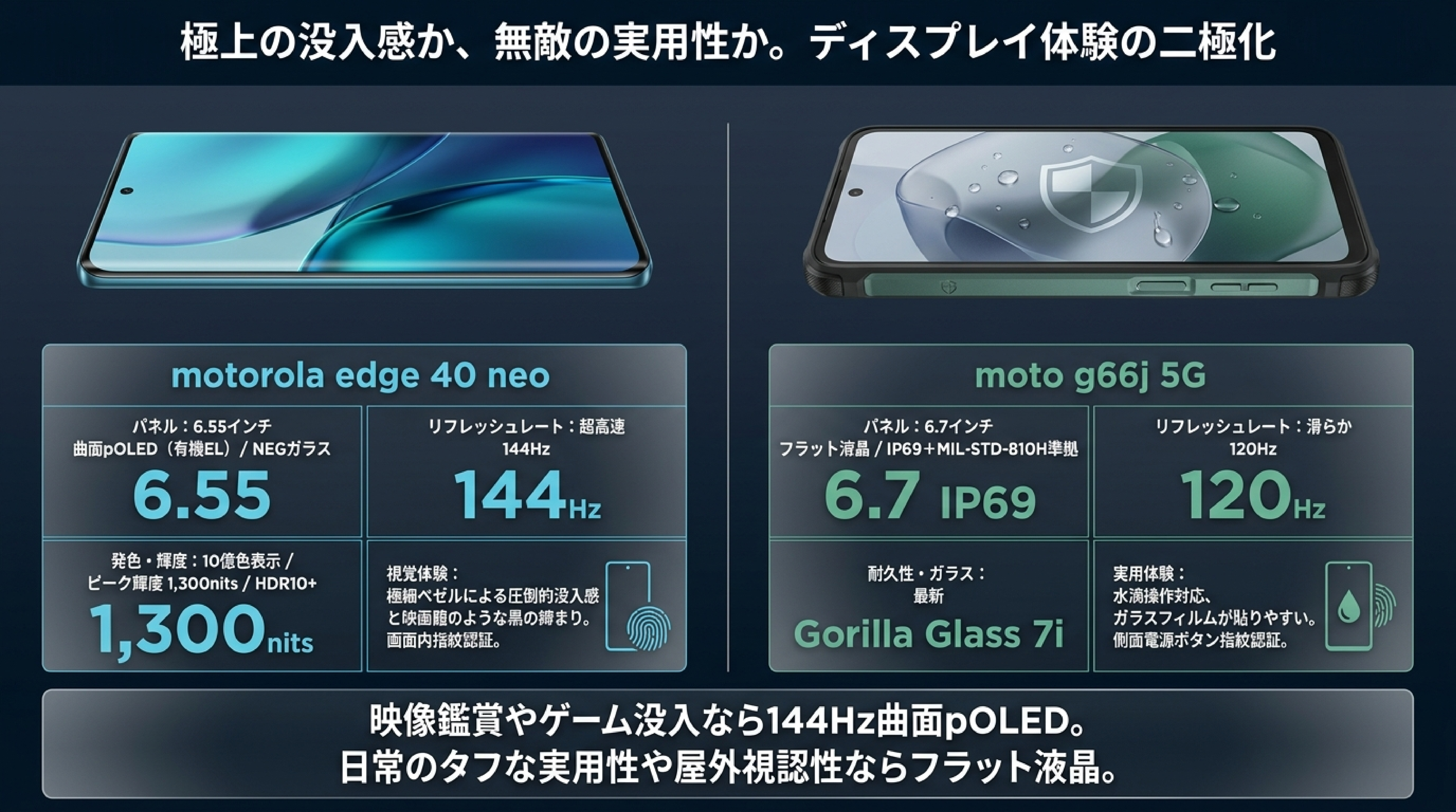 144Hz曲面pOLED vs 120Hzフラット液晶 表示品質と堅牢性比較スライド図解