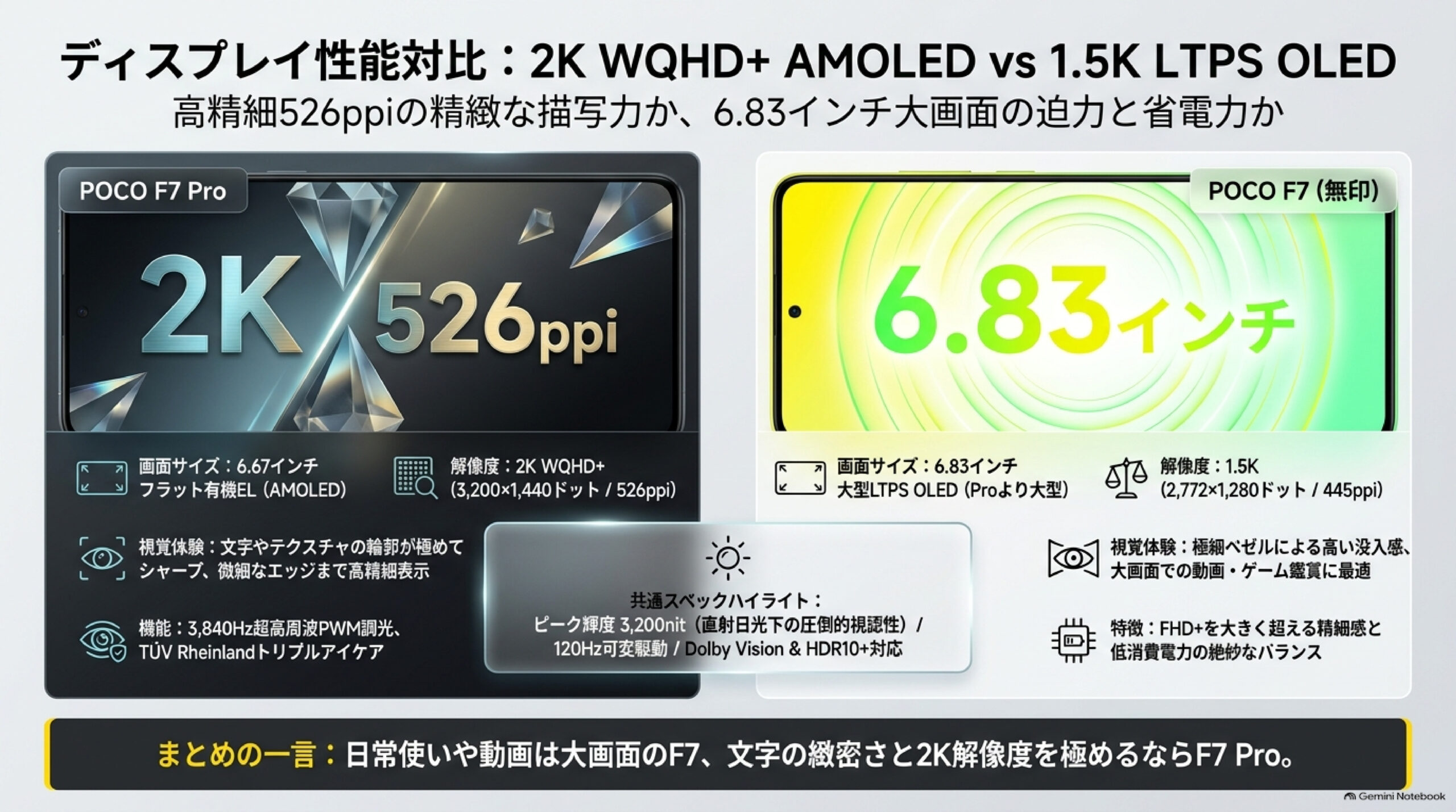 ディスプレイ性能対比:2K WQHD+ AMOLED vs 1.5K LTPS OLED