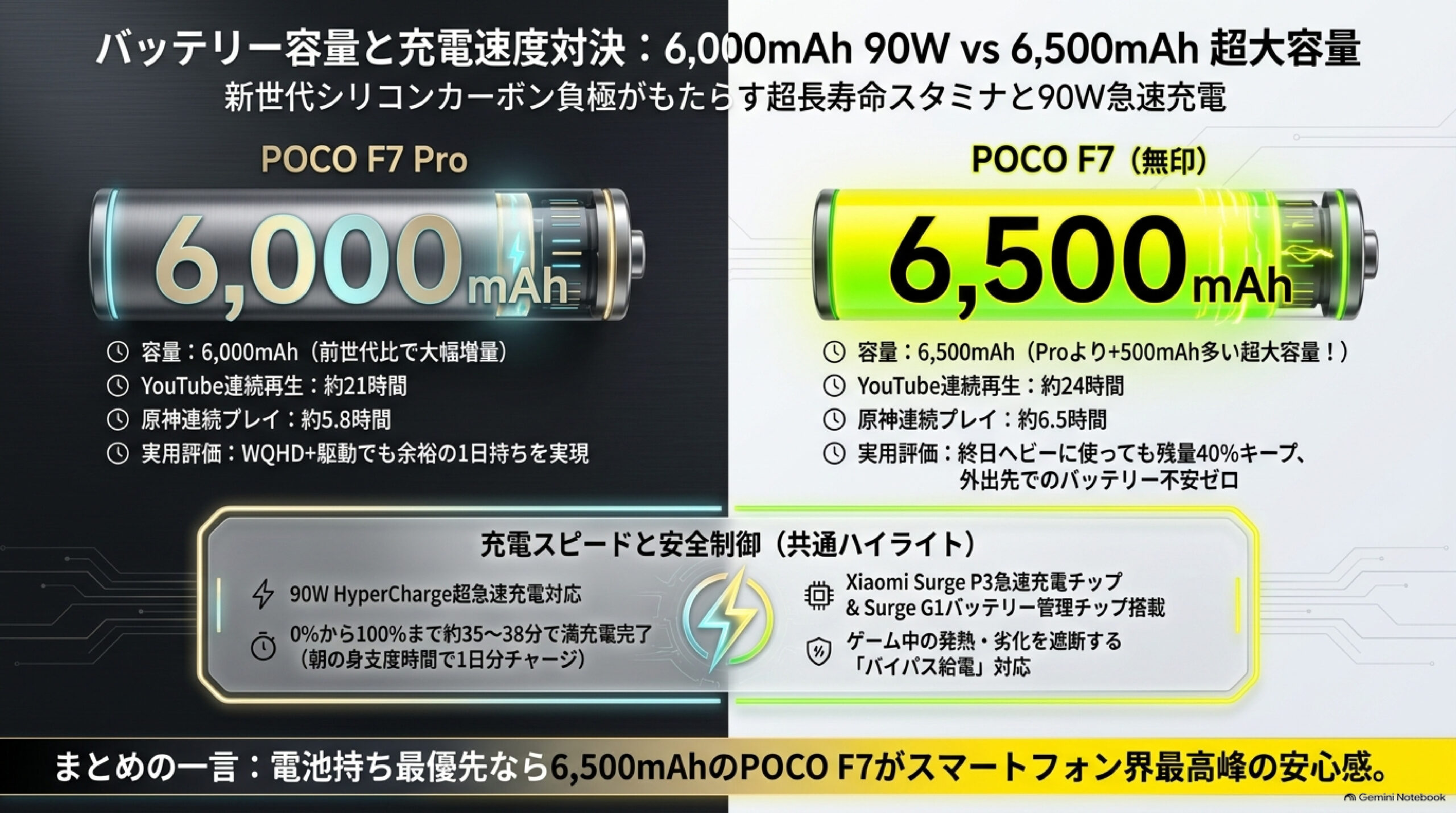 バッテリー容量と充電速度対決:6,000mAh 90W vs 6,500mAh 超大容量