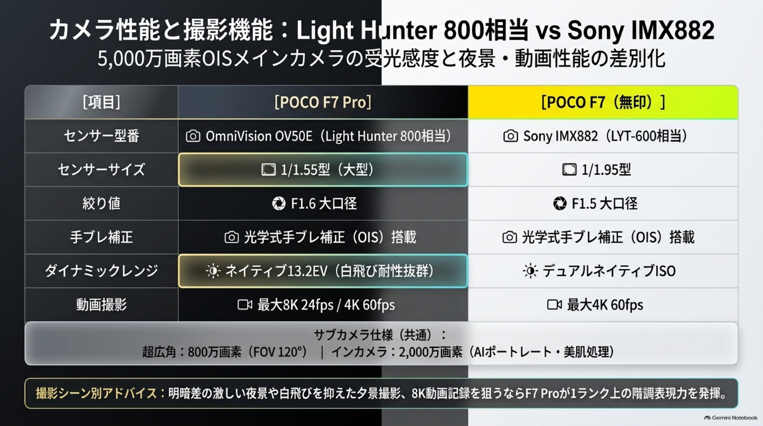カメラ性能と撮影機能:Light Hunter 800相当 vs Sony IMX882